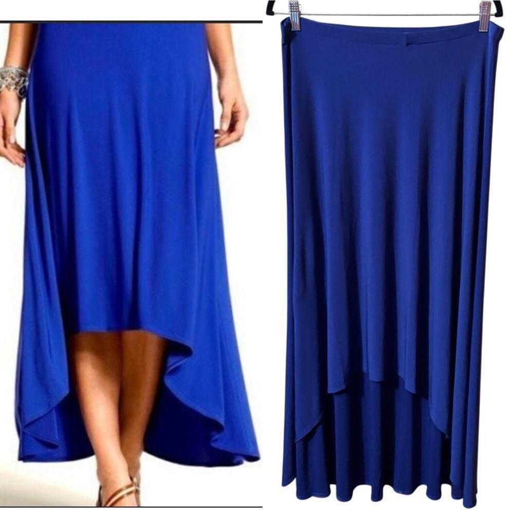 Chicos- Blue High Low Flounce Slinky Midi Maxi Skirt Stretch, Size 1 Medium